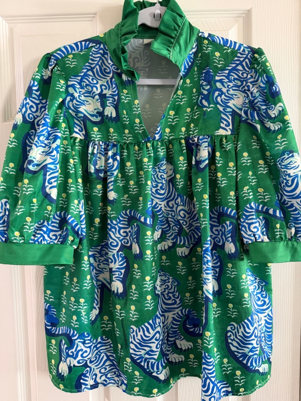 Women’s Green Tiger Print Top with Ruffle Collar